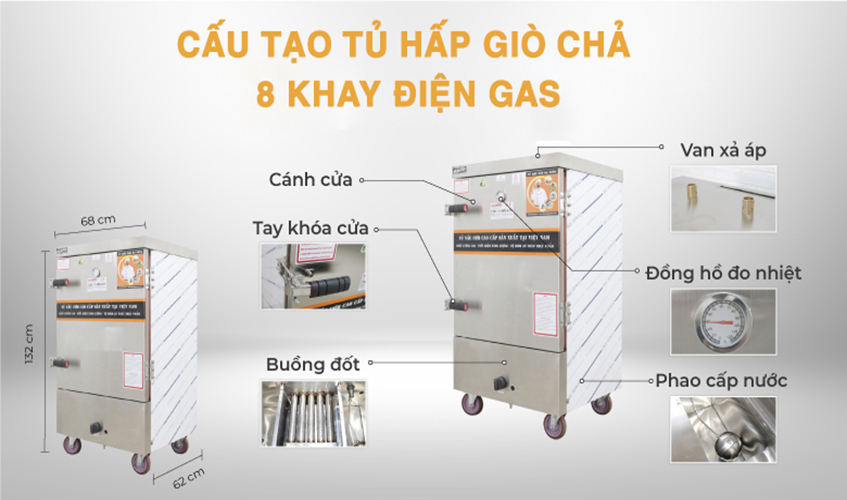 Tủ Hấp Giò Chả, Thực Phẩm 48 Kg Bằng Điện Gas 8 Khay inox 304 NEWSUN, Năng Suất Cao - Hàng Chính Hãng