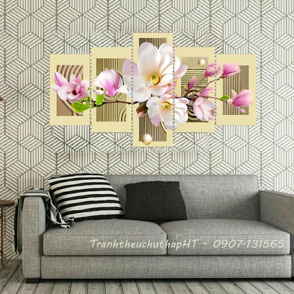 LV025 Tranh đá hoa Ngọc lan khoe sắc, tranh hiện đại bộ 5 bức - tự đính