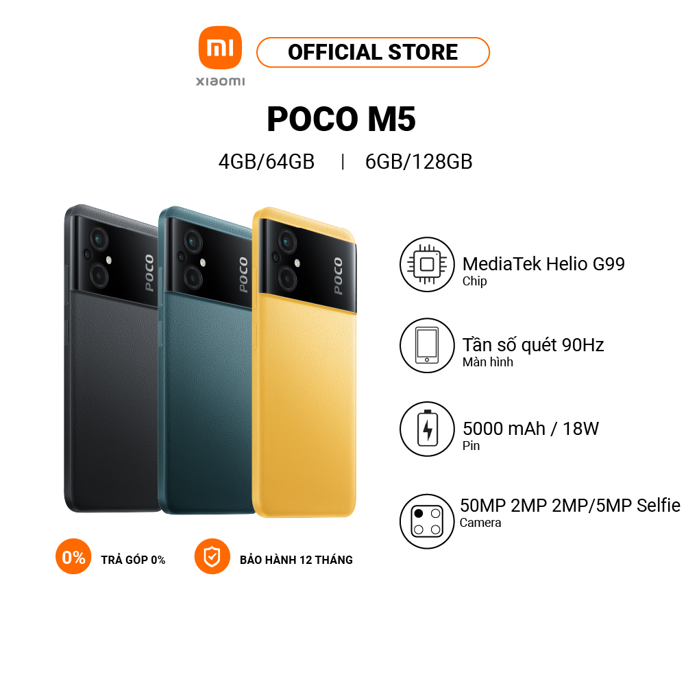 Điện thoại POCO M5 4GB+64GB/6GB+128GB | Pin 5000mAh | MediaTek Helio G99 | Sạc nhanh 18W - Hàng chính hãng