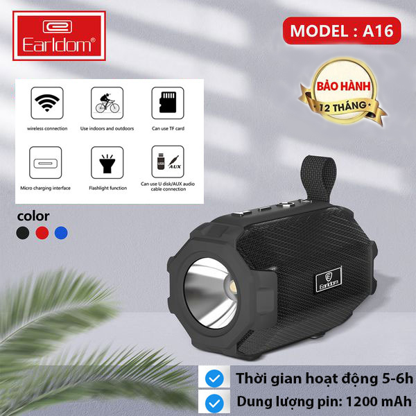 Loa bluetooth không dây Earldom A16 với chất lượng âm thanh chân thực, âm bass sâu, âm treble trong trẻo, dung lượng pin trâu 1200 mAh – Hàng chính hãng - Màu Xanh