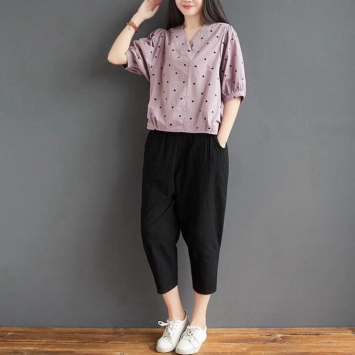 Bộ chấm bi đen Hàn cao cấp Dáng Chuẩn Chất Liệu Đũi Hàn Cao Cấp