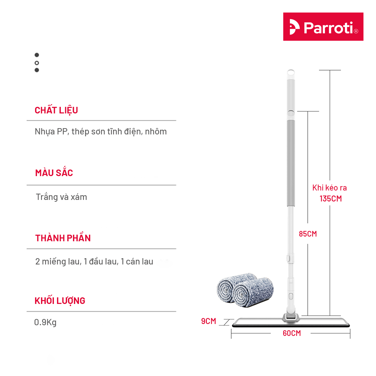 Cây lau nhà, chổi lau nhà đa năng cỡ lớn, độ dài cán linh hoạt, bàn lau rộng 60cm Parroti MAX MX02