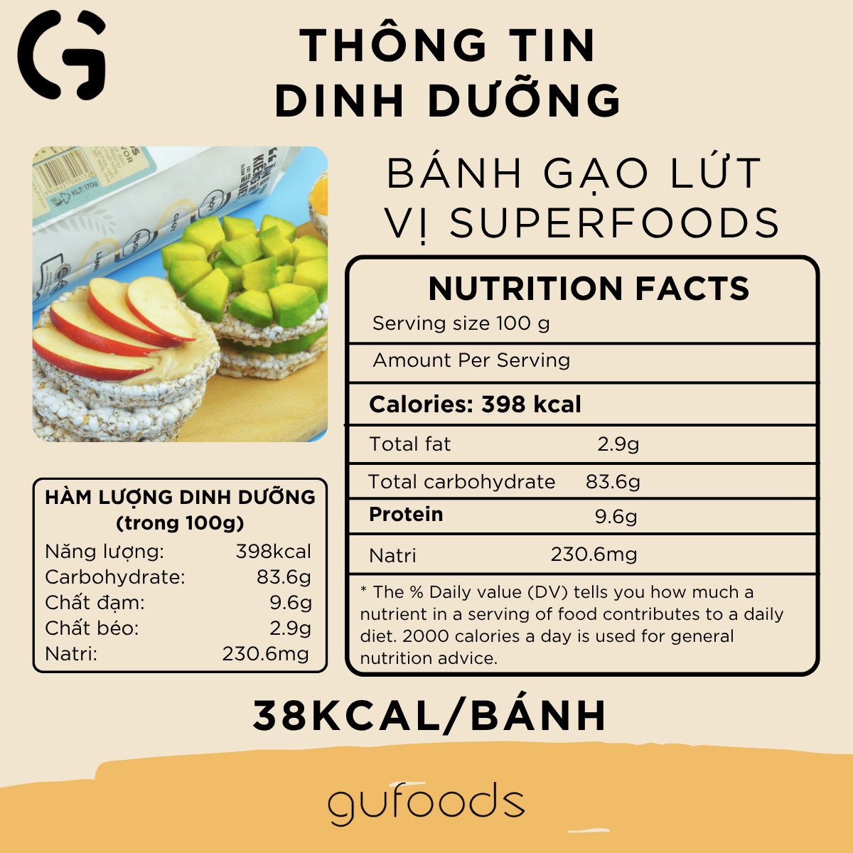 Bánh gạo lứt GUfoods vị Superfoods - Không chiên dầu, Không đường, Từ gạo và ngũ cốc nguyên hạt, Lành mạnh, Phù hợp Eat clean, Ăn vặt healthy, Thực dưỡng, Tập gym, Thuần chay