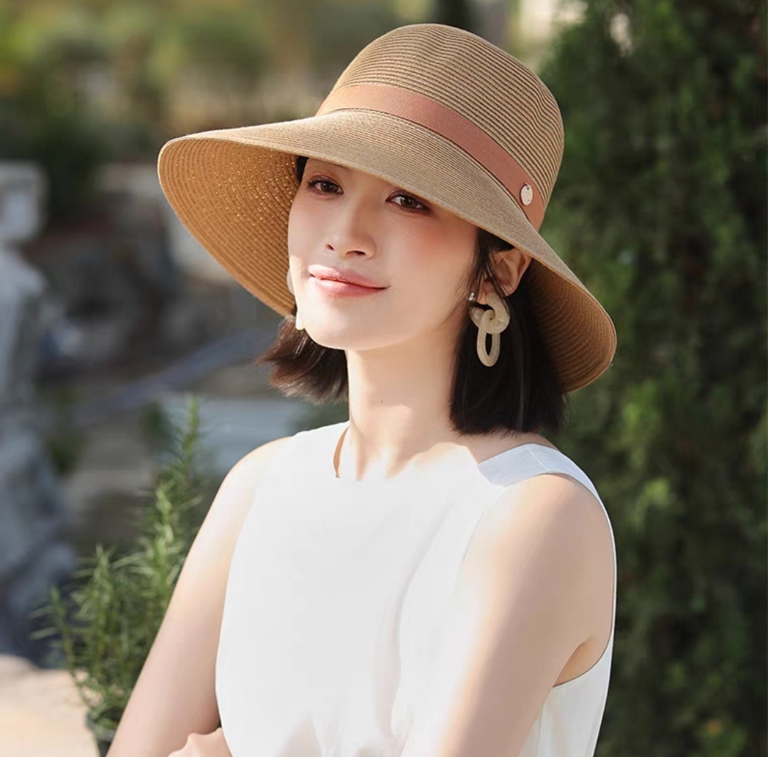 Nón rộng vành mũ rộng vành đai nâu đi biển chống nắng thoáng mát thời trang Hàn Quốc chất liệu cói dona240502