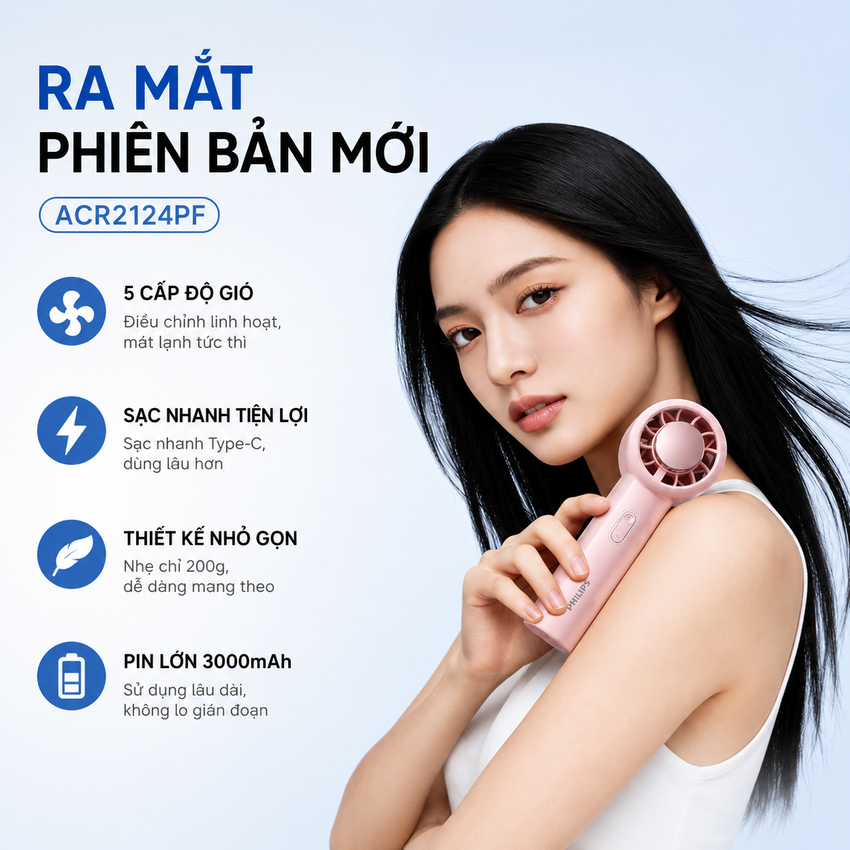 Quạt mini cầm tay USB 5 cấp độ gió, pin 3.000mAh thương hiệu Hà Lan cao cấp Philips ACR2124PPF ACR2124MPF serial 2000 - Hàng chính hãng