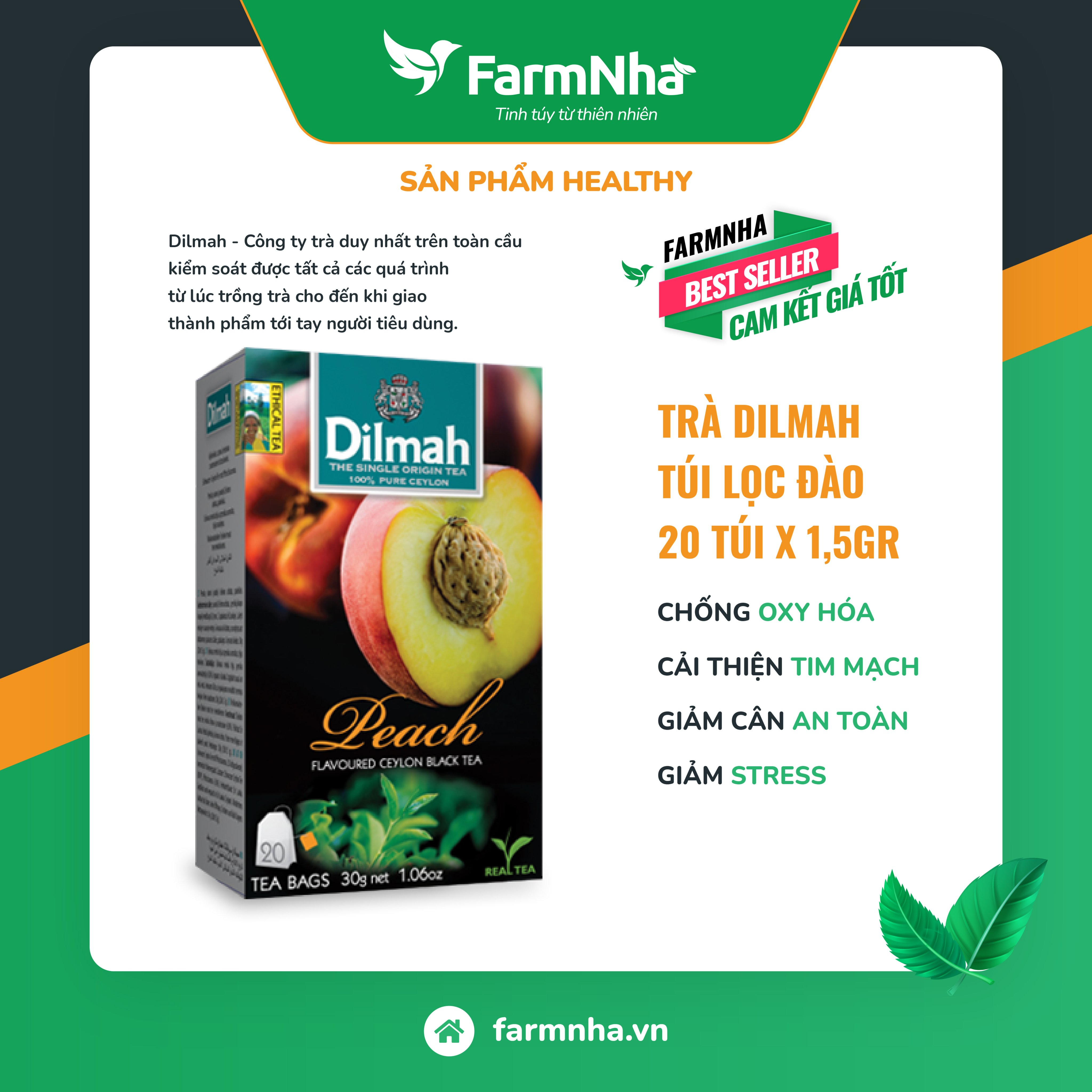 Trà Dilmah Peach  túi lọc 30g 20 túi x 1.5g - Tinh hoa trà Sri Lanka