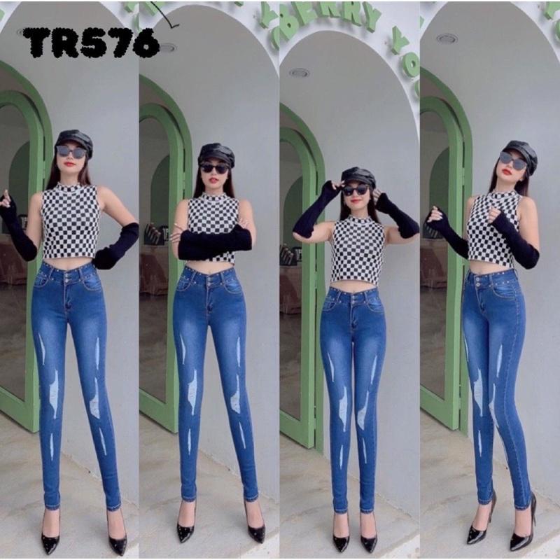 Quần Jeans Nữ Lưng Cao Co Giãn rách thời trang