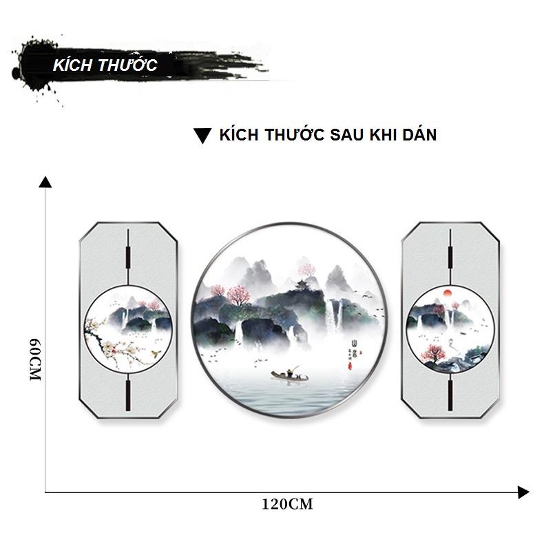 Decal Trang Trí Phòng Khách 3D Tranh Thủy Mặc Sông Núi và Ông Lão Chèo Đò - AmyShop