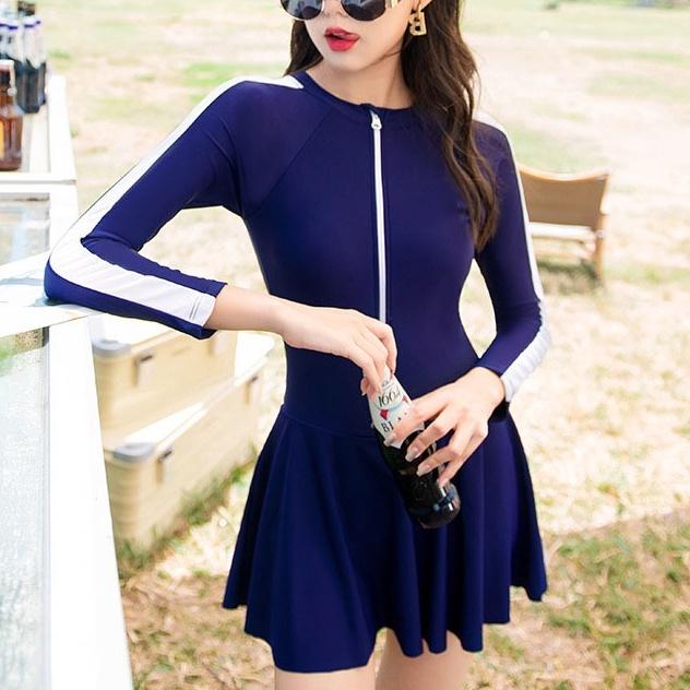 Đồ Bơi Dài Tay Chống Nắng Che Bụng, Bikini, Áo Tắm Liền Váy 1 Mảnh Phối Tay Viền Trắng Bản To Hàn Quốc Cực Đẹp