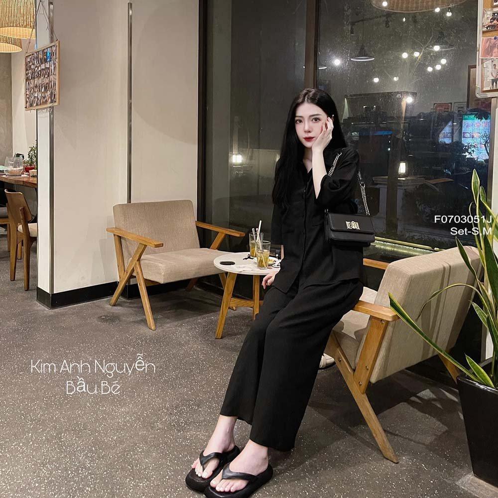 Set đũi áo sơ mi tay dài phối quần suông