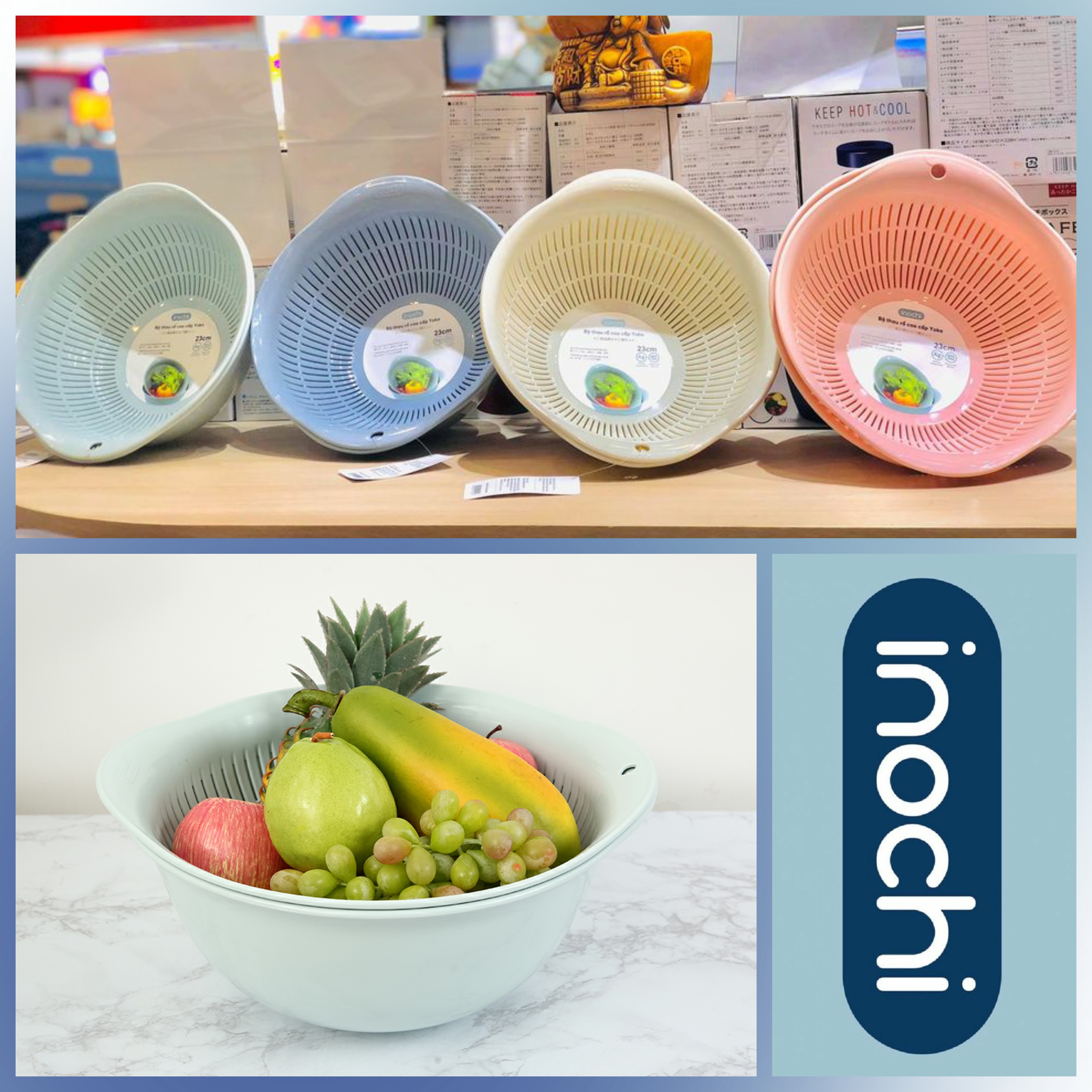 Set 03 Bộ thau rổ cao cấp Inochi Yoko - Công nghệ ion Ag+ giúp kháng khuẩn khử mùi