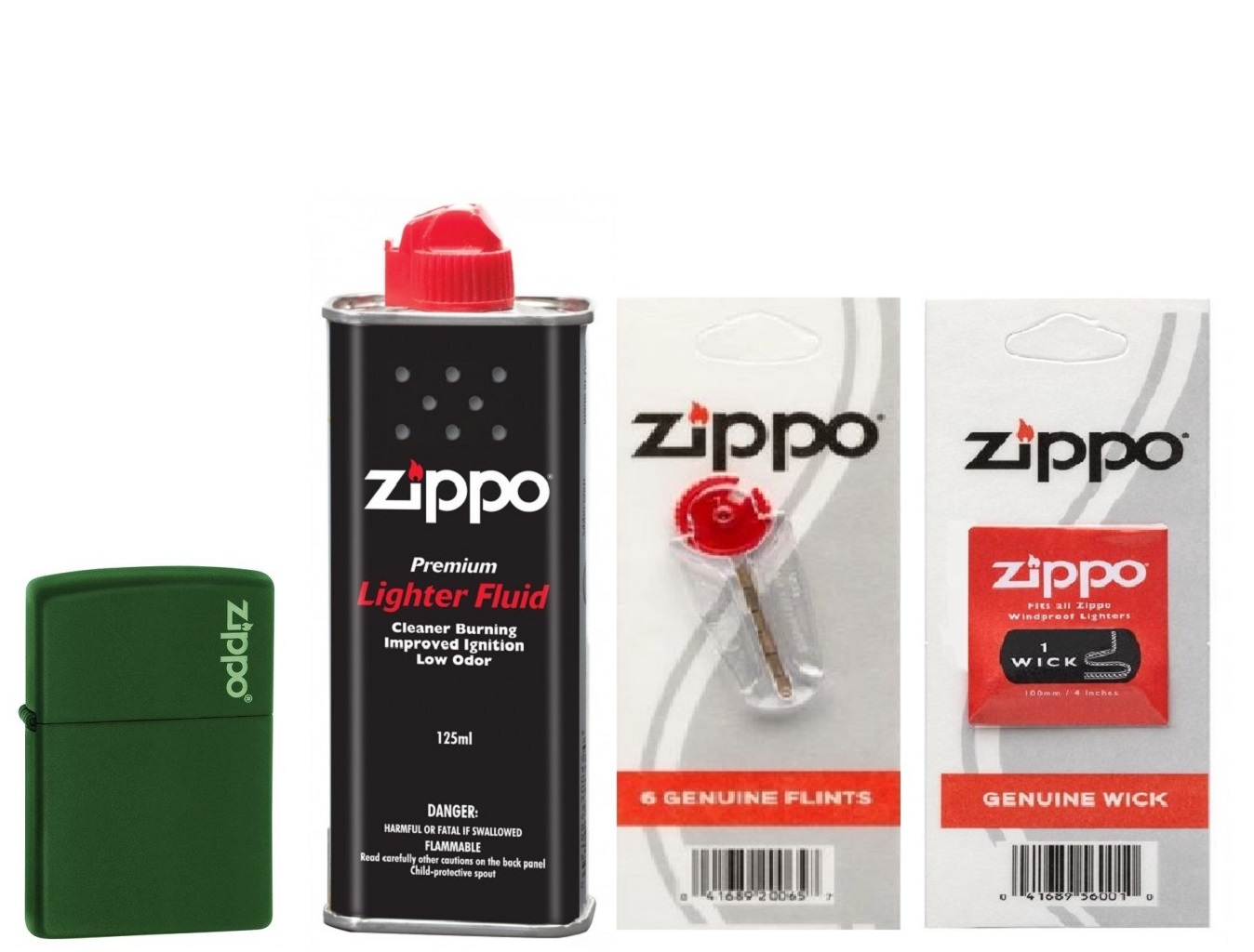 Bộ 4 sản phẩm: Bật lửa Zippo Matte Green with Logo 221ZL+Xăng+Đá+Bấc