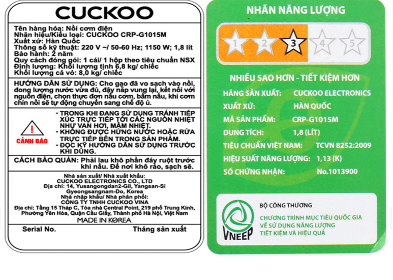 Nồi cơm điện tử áp suất Cuckoo 1.8 lít CRP-G1015M - Hàng chính hãng - Chỉ giao Hà Nội