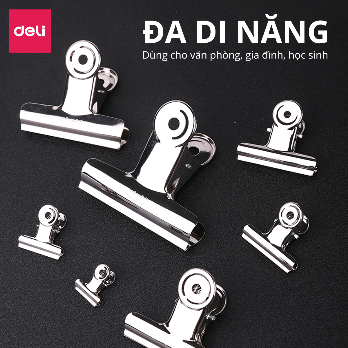 Set 6 chiếc kẹp bướm, Kẹp kim loại đuôi tròn Deli, Kẹp giấy tài liệu văn phòng 19mm 29mm 38mm 51mm