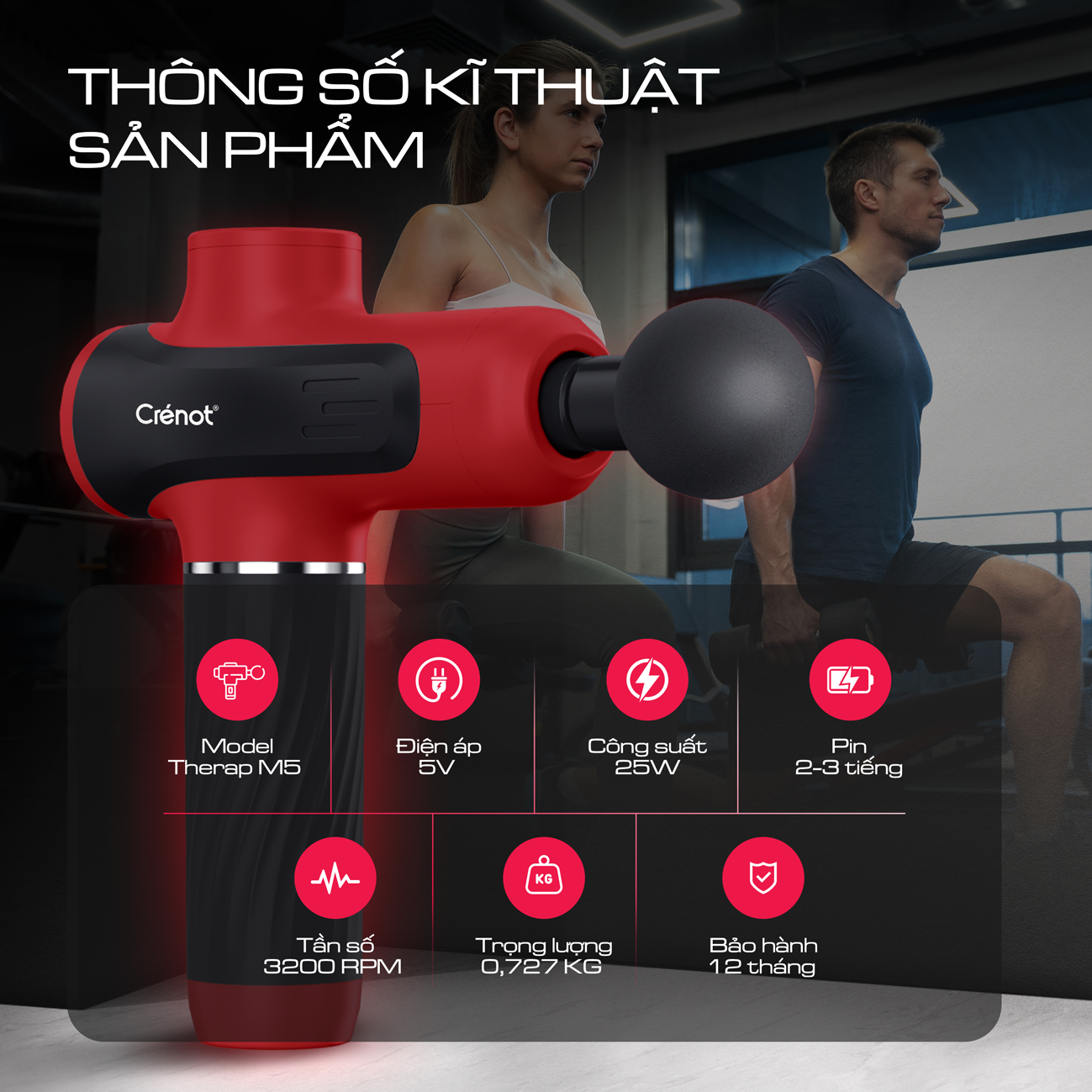 Máy massage cầm tay Crenot Therap M5 sung matxa thư giãn giảm dau nhức toàn thân với 6 đầu mát xa cao cấp và 20 cấp độ