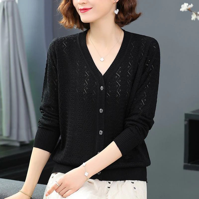 Áo khoác len mỏng cardigan nữ, áo len dệt kim mỏng cổ V cá tính