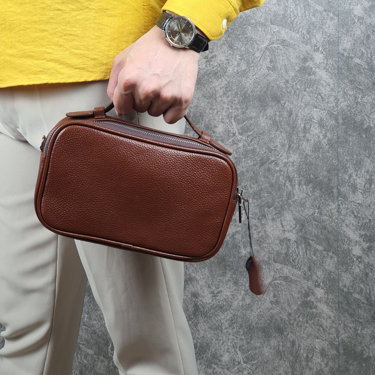 Clutch nam cầm tay kết hợp túi đeo chéo da bò thật; Clutch hộp da mill - 100% da bò thật