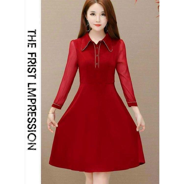 ĐẦM XÒE MÀU ĐỎ TƯƠI TẮN, THIẾT KẾ CỔ SƠ MI, TAY DÀI THANH LỊCH
