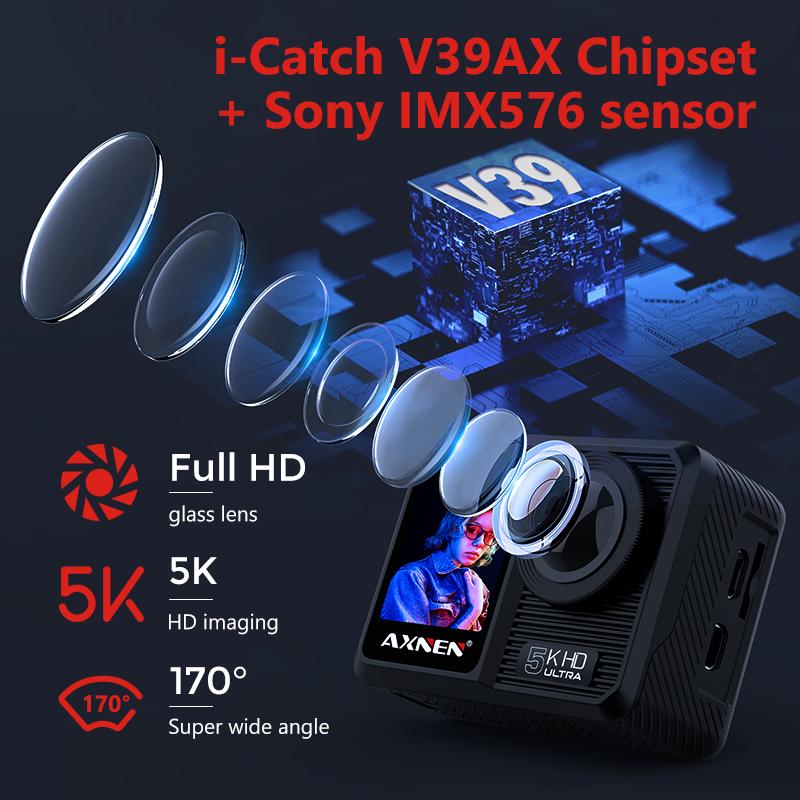 Camera Hành Động AXNEN AX9 5K Có Mic Không Dây Từ Xa 4K 60FPS WiFi Thể Thao Chống Rung Màn Hình Kép 170 Góc Rộng 30M Cam Chống Nước