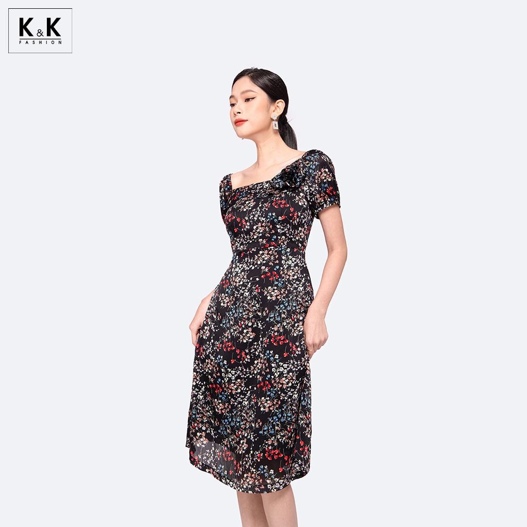 Đầm Đen Hoa Dáng Xòe Cổ Vuông K&amp;K Fashion KK130-27 Chất Liệu Tằm Ý Sớ Gân