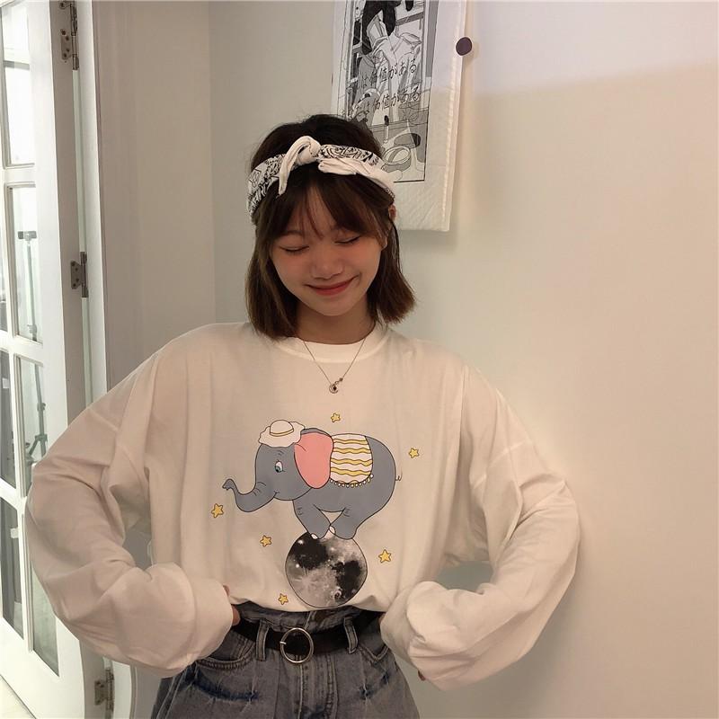 Áo thun tay dài CÓ BO TAY form rộng CON VOI chữ MOON ulzzang thu đông UNISEX
