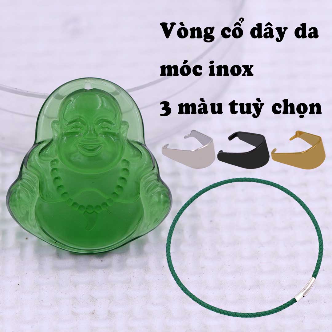 Mặt Phật Di lặc Pha lê xanh lá 3.6 cm vòng cổ dây da xanh lá + móc inox vàng, mặt dây chuyền Phật cười