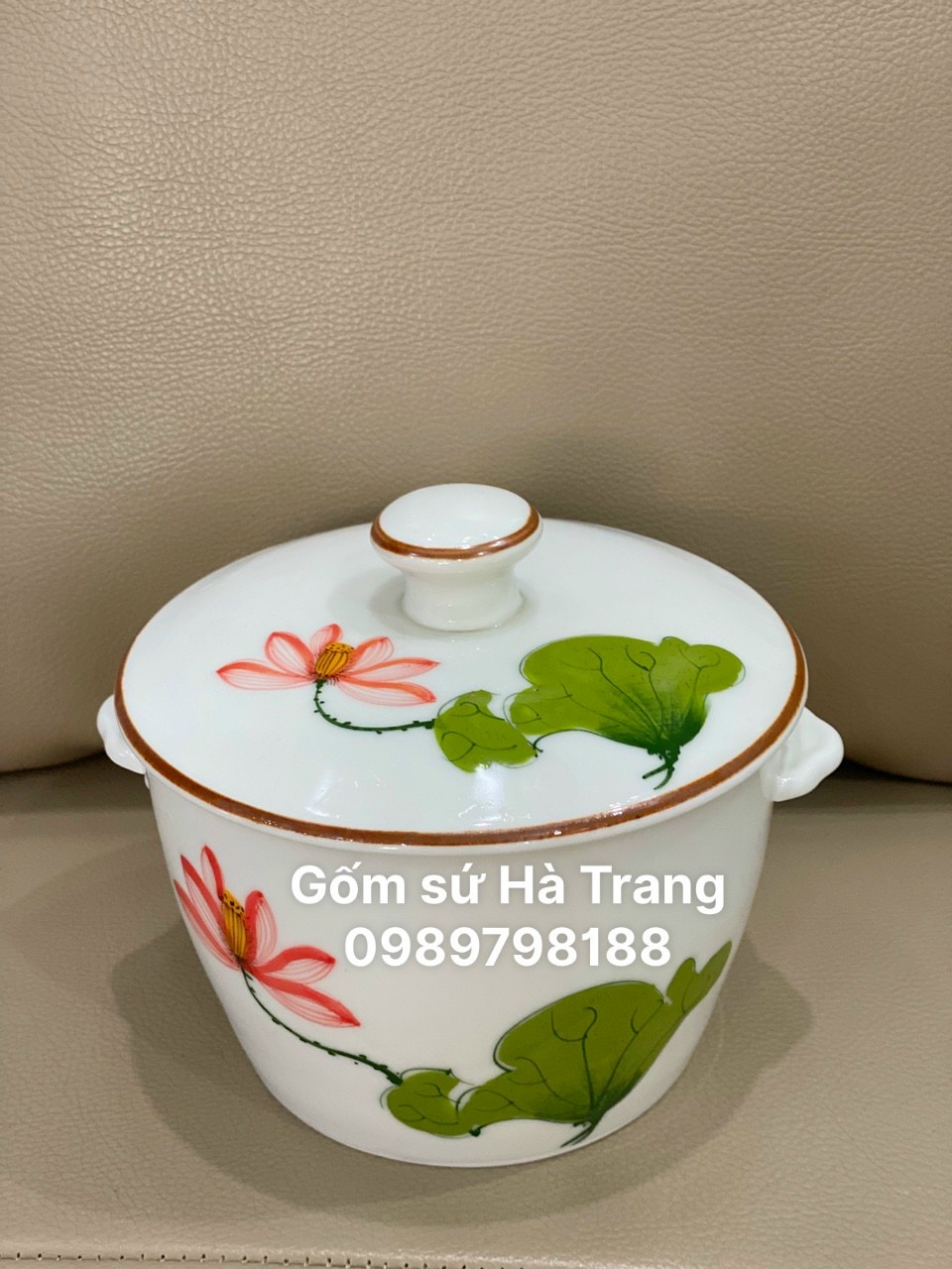 Thố chưng yến gốm sứ Bát Tràng cao cấp dung tích 650ml vẽ sen đỏ