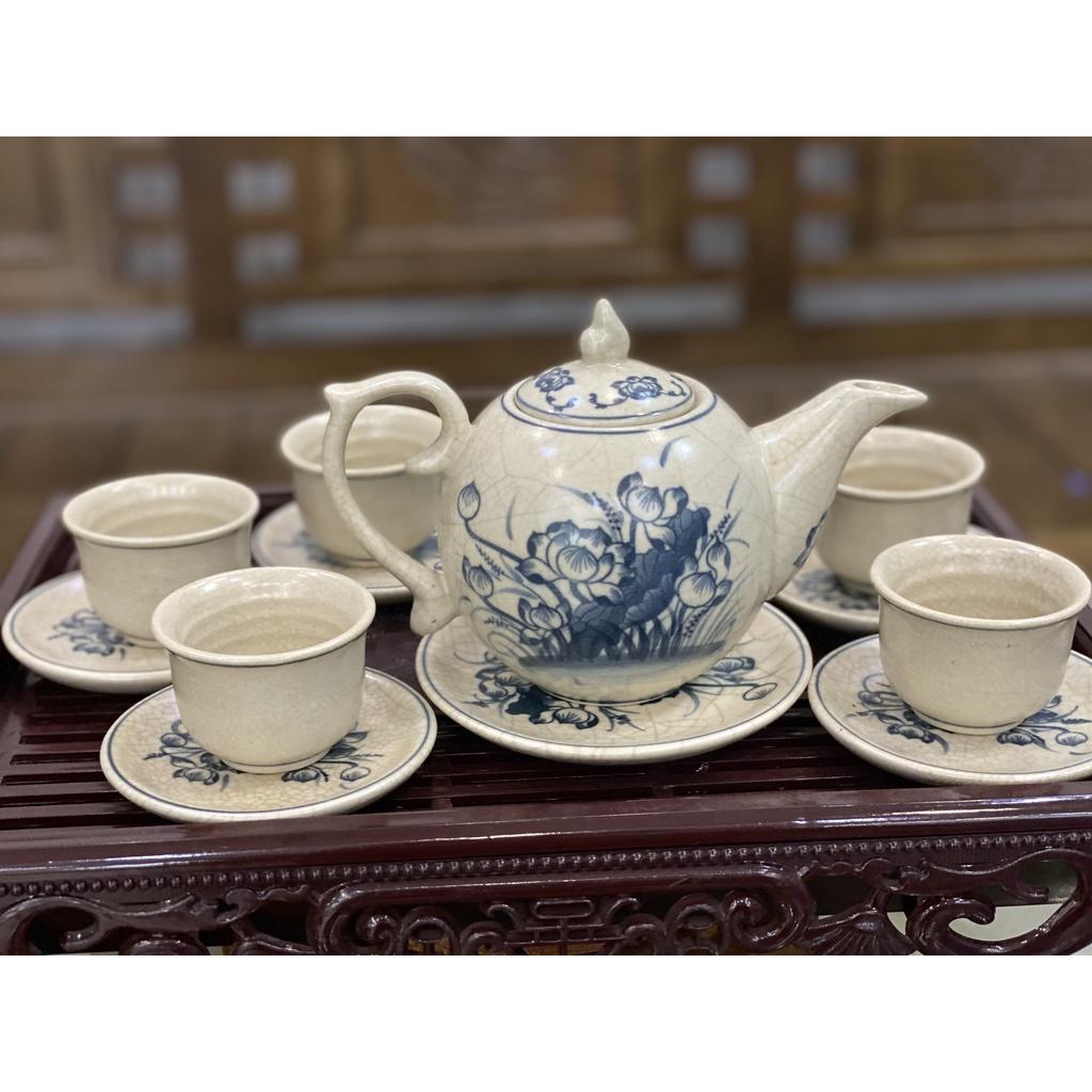 Bộ ấm chén chóp lửa men rạn số 1 vẽ hoa sen Bát tràng