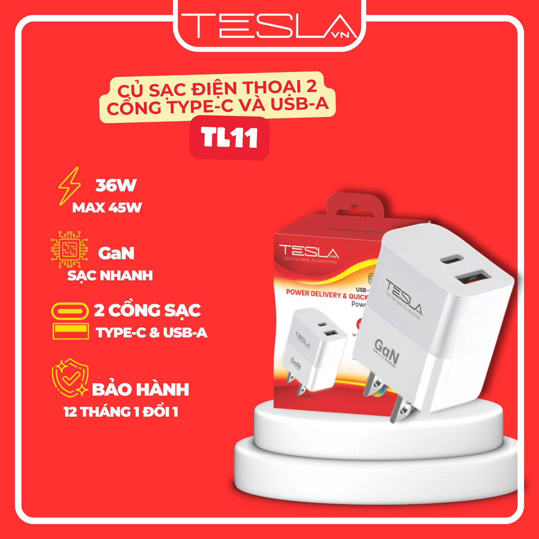 Củ sạc điện thoại hàng chính hãng TESLA TL11 Cổng USB và Cổng TypeC | Bảo hành 12 tháng 1 đổi 1 | Made in Việt Nam