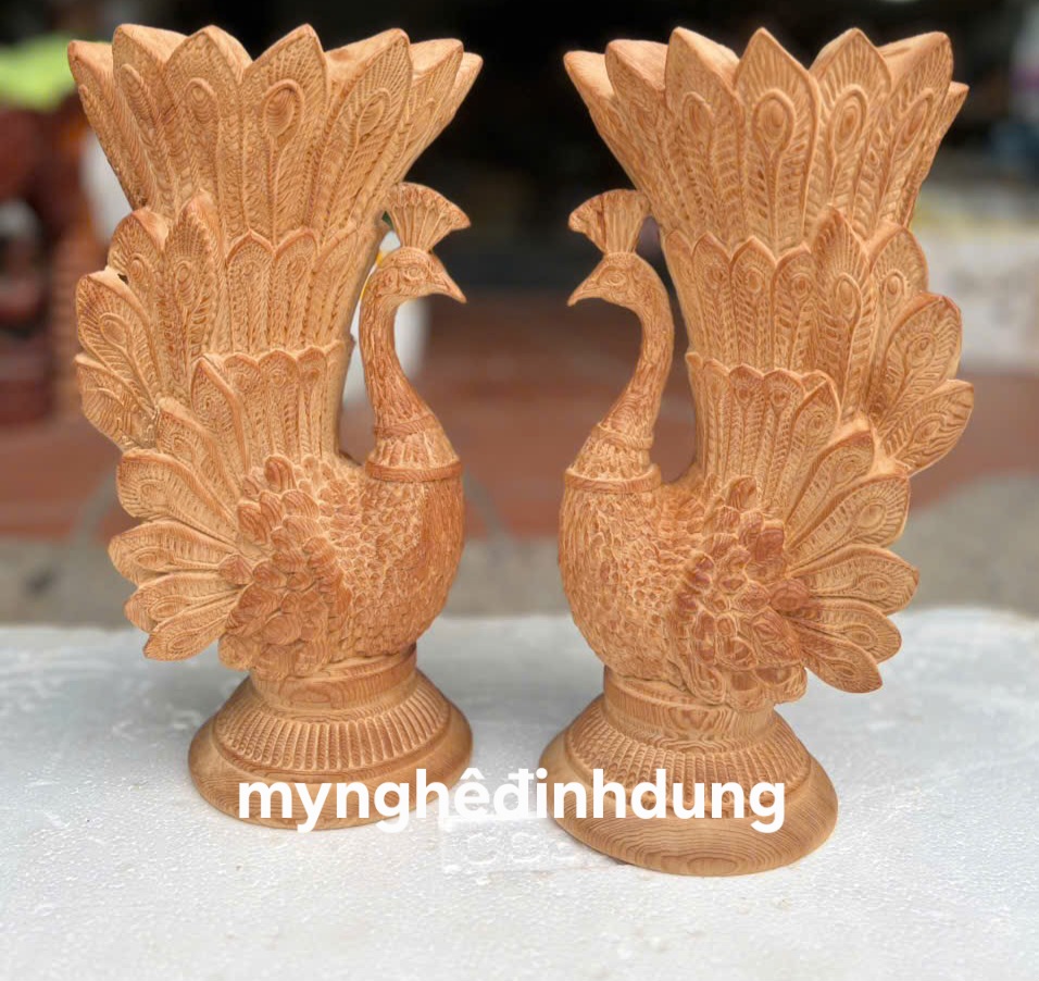 Cặp chim công cắm hoa bằng gỗ ngọc Am thơm nức cao 30x16x12cm
