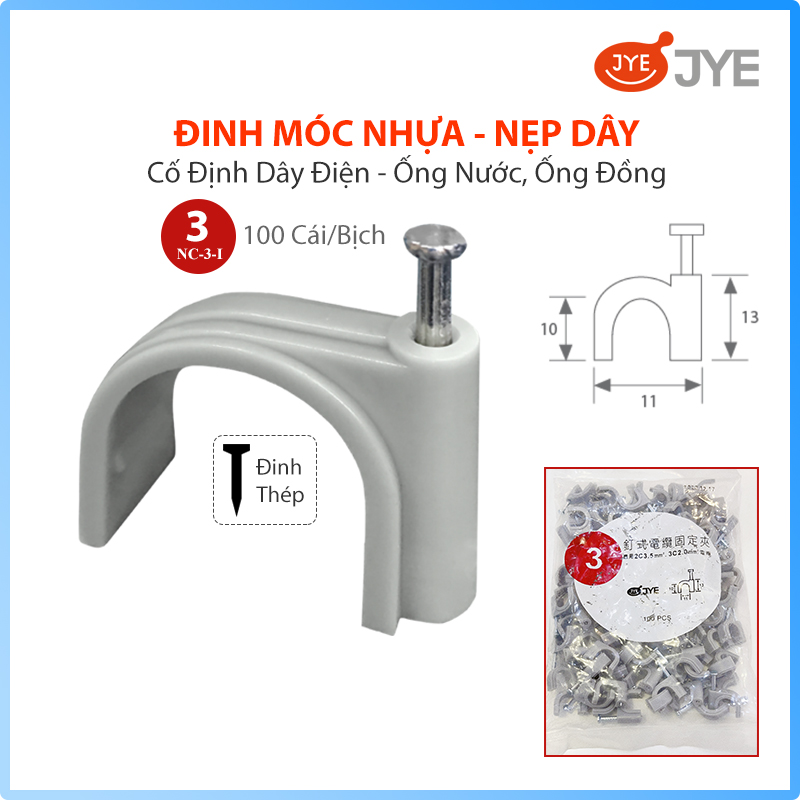 Đinh Móc Nhựa JYE (NC-3-I) 100 Cái/Bịch, Nẹp Đinh Cố Định Dây Điện, Đinh Ghim Dây Điện Trên Tường, Đinh Bằng Thép Chắc Chắn, Nhiều Kích Thước Lựa Chọn