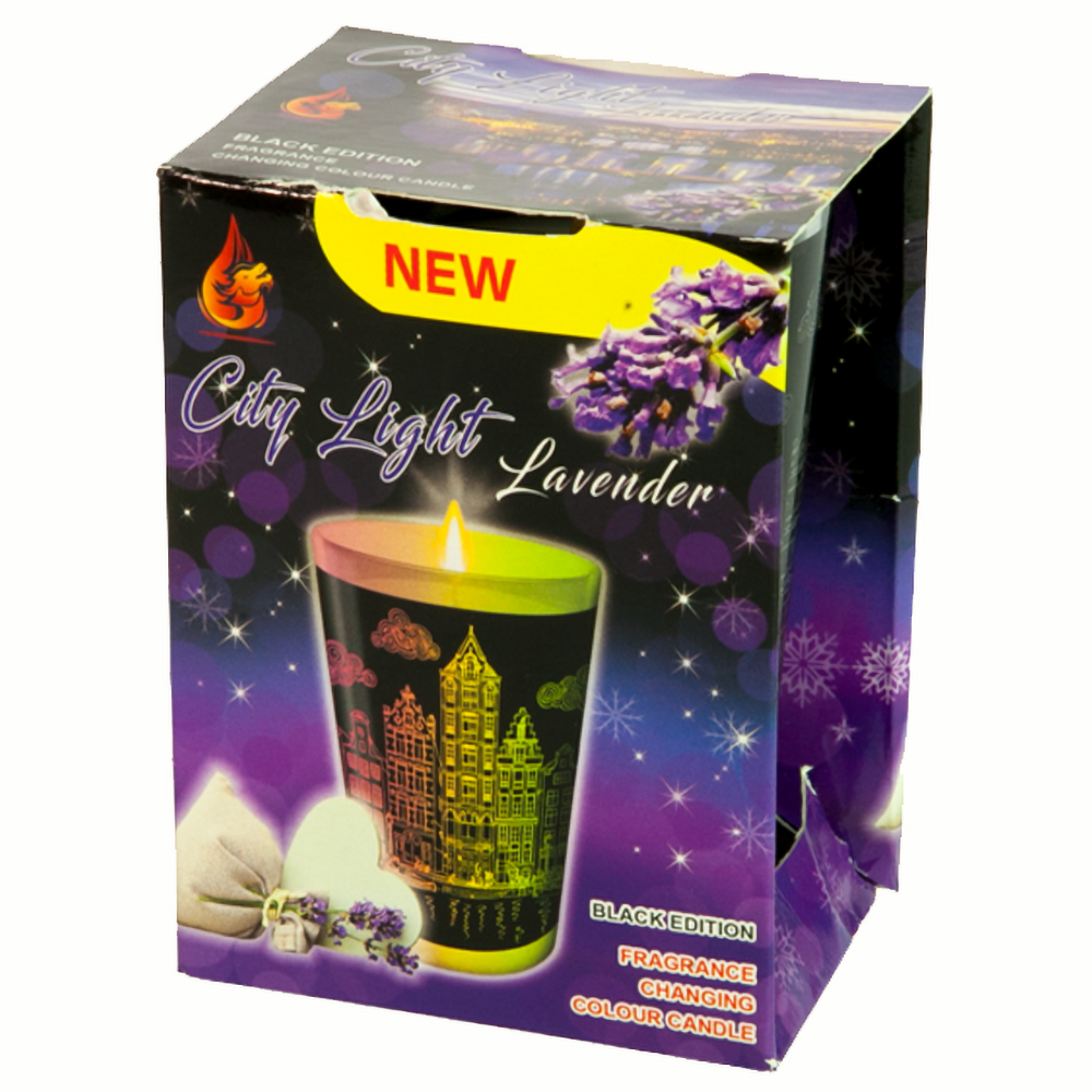 Ly nến thơm tinh dầu đổi màu Golden Dragon City Light Lavender 140g QT028406 - hoa oải hương, nến trang trí, thơm phòng, thư giãn, hỗ trợ khử mùi