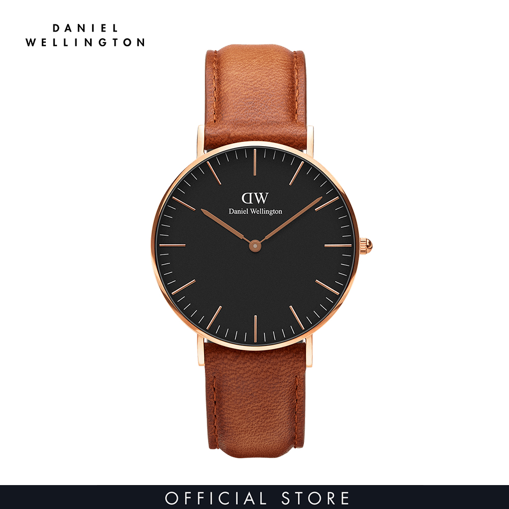 Đồng hồ Nam, Nữ Daniel Wellington dây da - Classic Durham mặt đen - vỏ vàng hồng