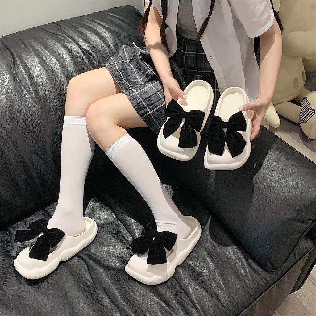 Dép bánh mỳ nữ, DÉP SỤC NƠ ĐEN xinh xắn