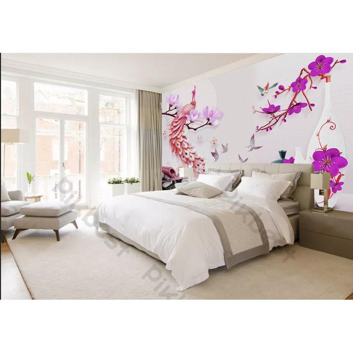 Tranh dán tường Bình bông hoa anh đào và chim công nghệ thuật, Tranh dán tường 3d hiện đại n MS932760