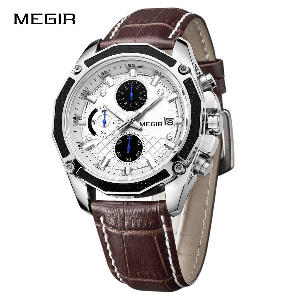 Đồng hồ đeo tay Quartz Man chính hãng MEGIR Chống thấm nước 3ATM với lịch và mặt số phụ