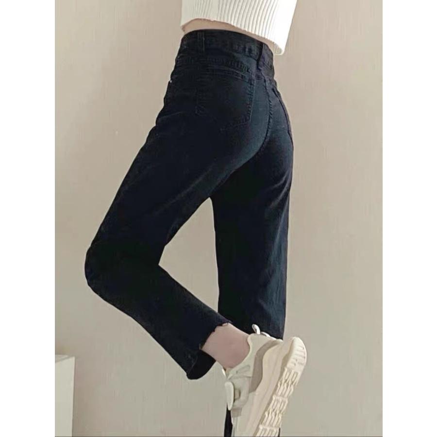 Quần slim baggy jean đen rách gối ô vuông - Quần boyfriend ống suông lưng cao quảng châu hàng sẵn