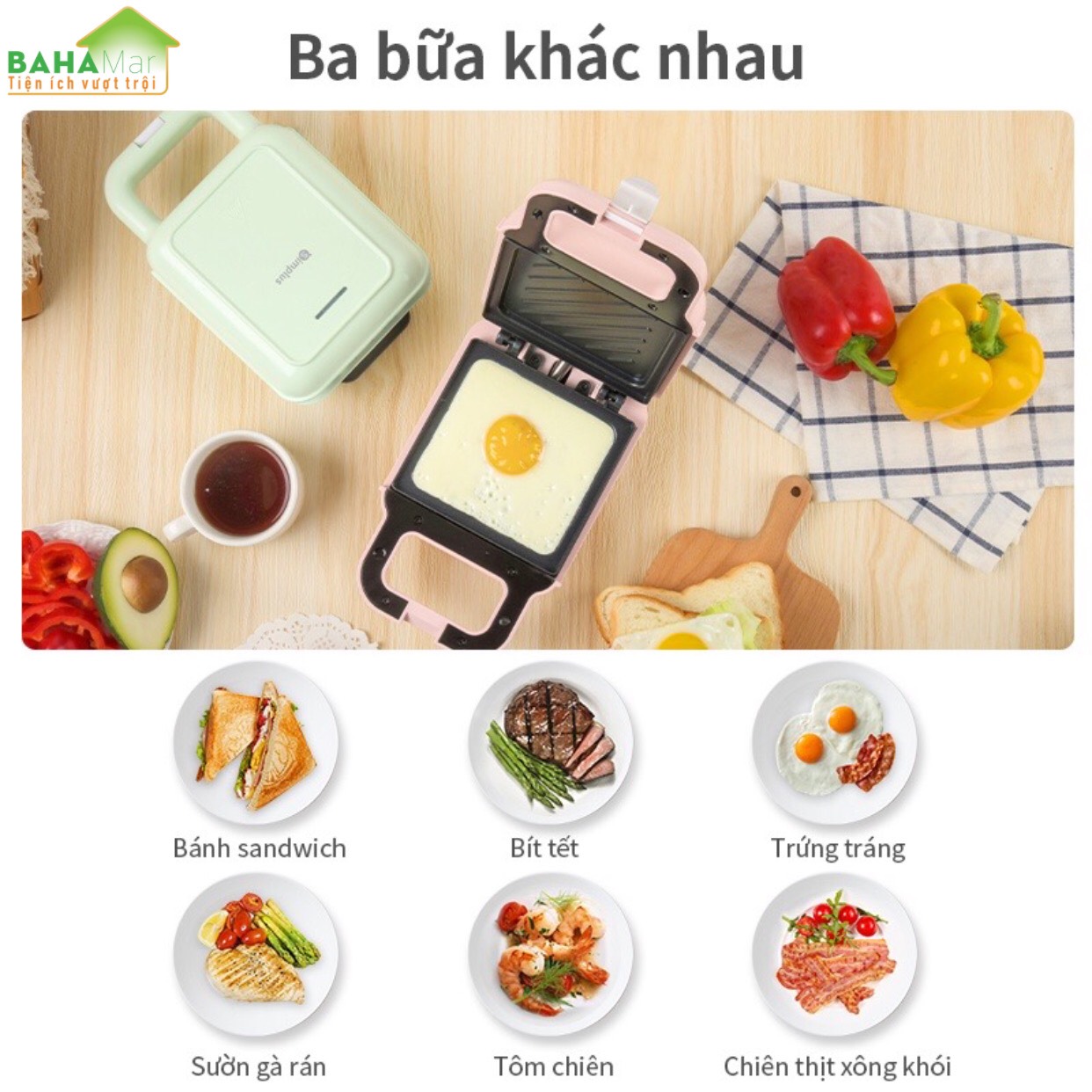 MÁY ĐA NĂNG CHỐNG DÍNH LÀM NÓNG 2 MẶT NƯỚNG BÁNH SANDWICH, TRỨNG, BÍT TẾT,… &quot;BAHAMAR&quot; để có bữa sáng chất lượng chỉ mất có 5 phút