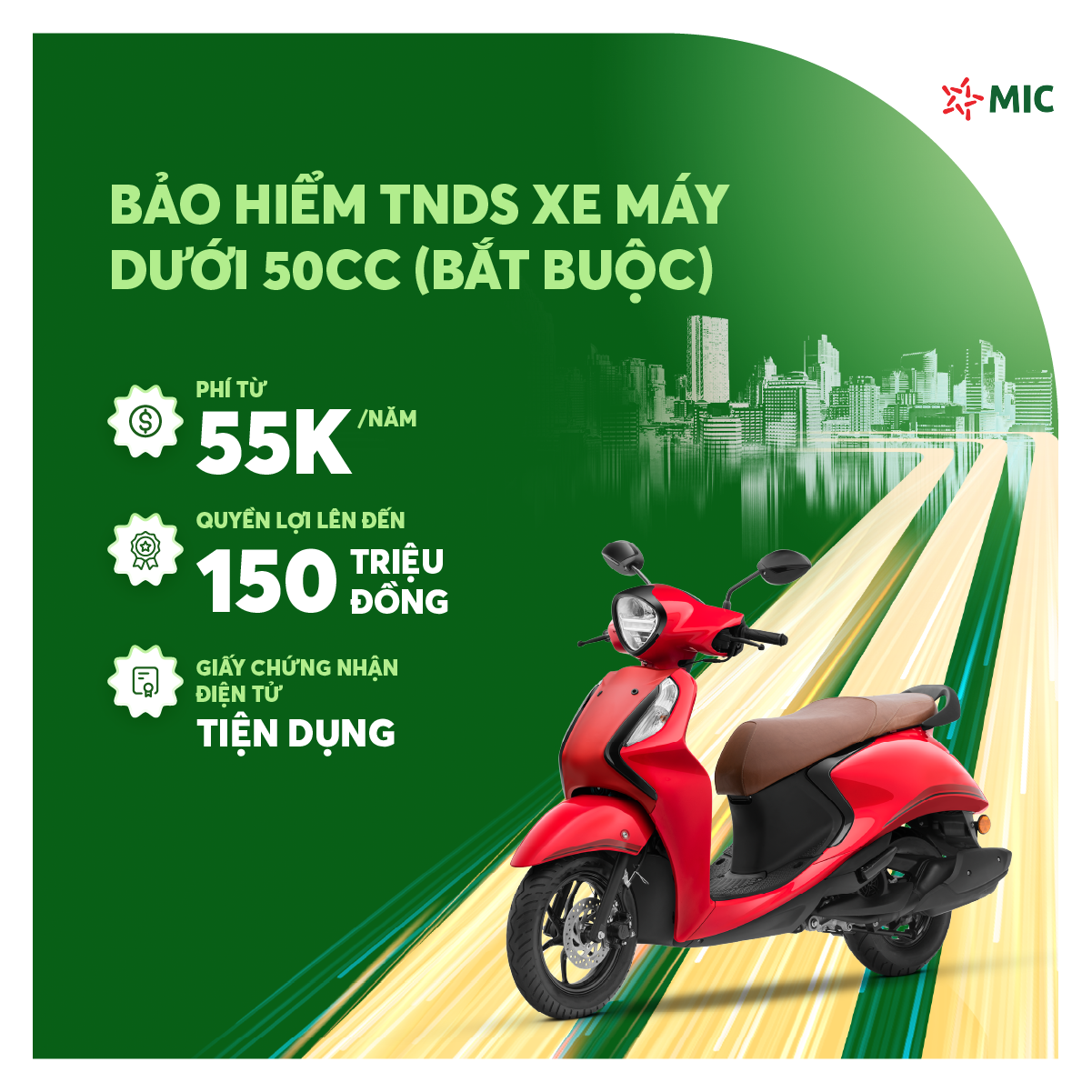 Bảo hiểm TNDS Xe máy dưới 50cc , số tiền bồi thường 150 triệu, giấy chứng nhận điện tử tiện dụng