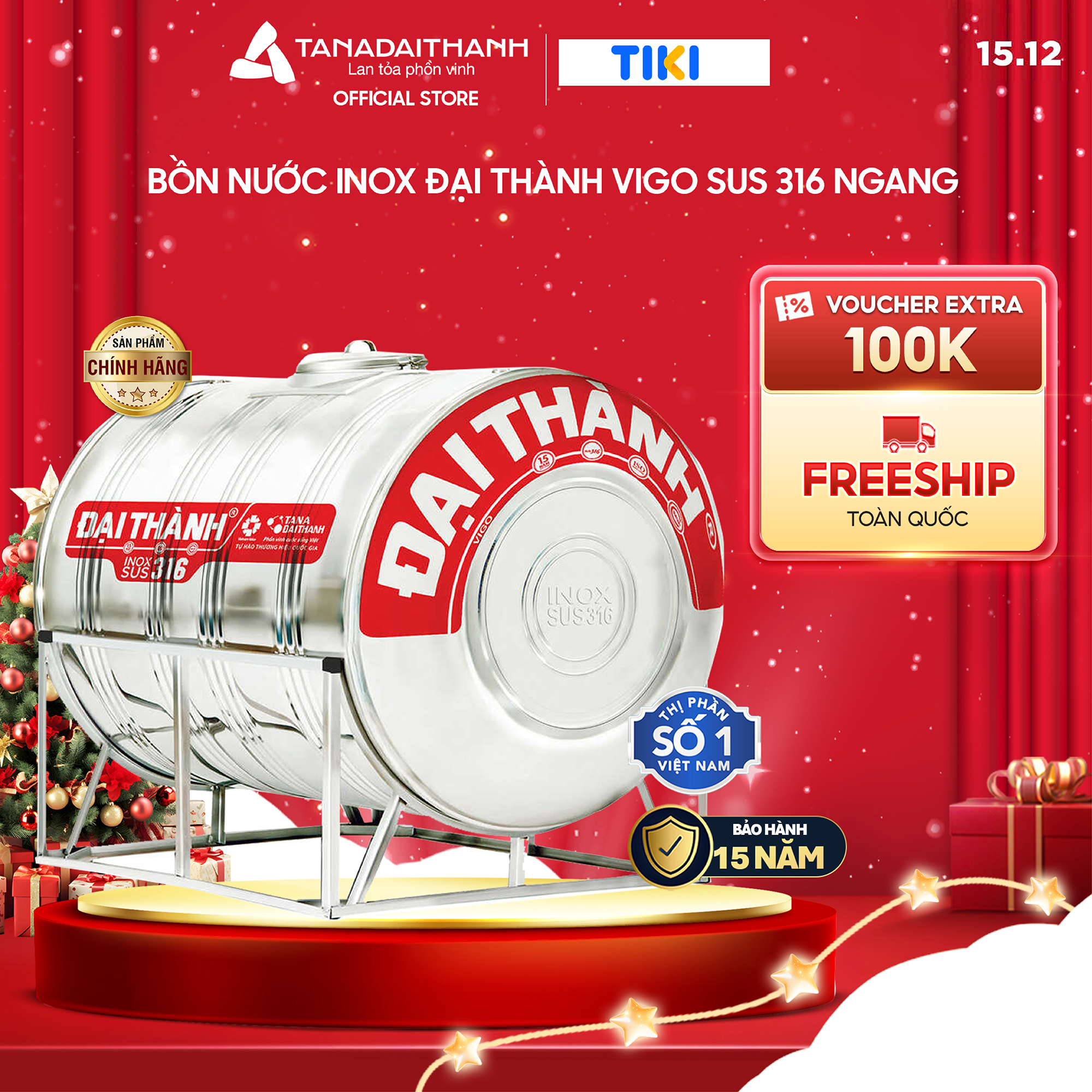 Bồn nước inox Đại Thành Vigo SUS 316 Ngang 500L 1000L 1500L 2000L Chính hãng, Chỉ bán khu vực miền Nam, Bảo hành 20 năm