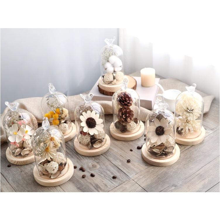 Chụp thủy tinh đế gỗ chống bụi, trang trí trái tim, chim, thỏ, noel - đậy nến thơm Candle Cup, BBW