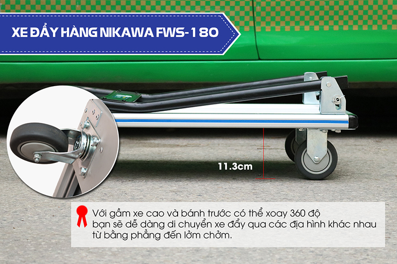 Xe đẩy hàng 4 bánh chống ồn Nikawa FWS-180 sàn nhôm tay cầm thép gấp mở tiện lợi tải trọng 180kg