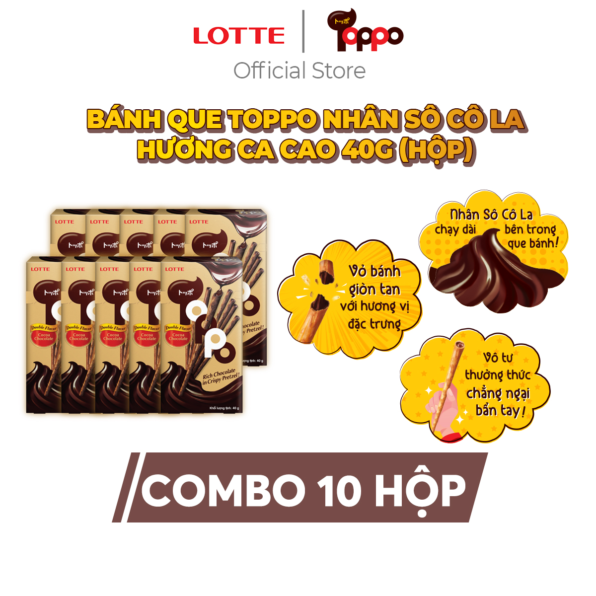 Combo 10 hộp Bánh que Toppo nhân sô cô la hương Ca cao 40 g (hộp)