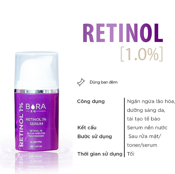 Serum dưỡng trắng, ngăn ngừa lão hóa và tái tạo da Bora Retinol 1% chai 15ml