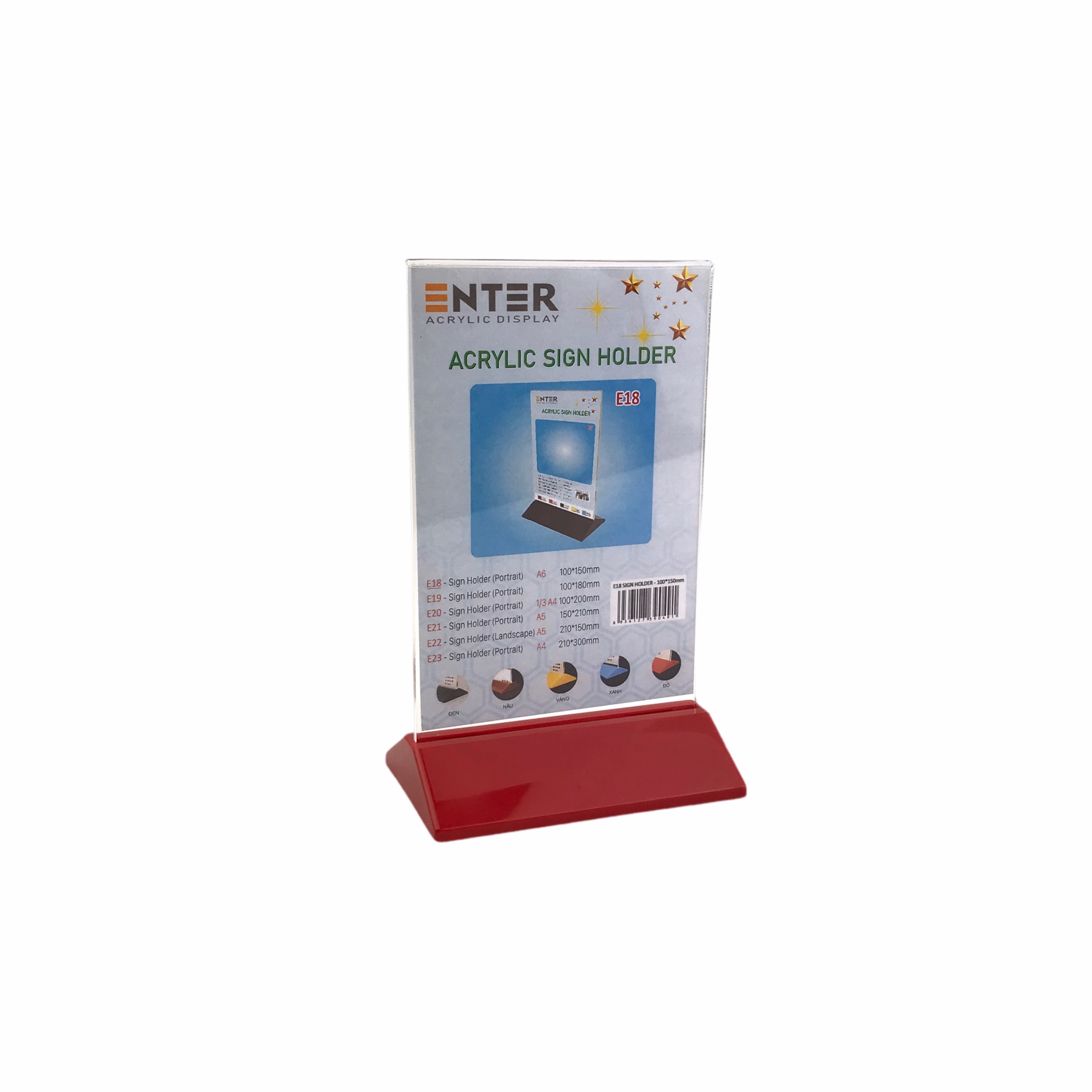Kệ mica 2 mặt Enter E18 100x150mm đế màu, Kệ menu nhà hàng, Standee mica để bàn, Bảng quét mã QR Code