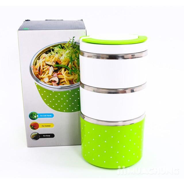 Hộp cơm giữ nhiệt 3 tầng chấm bi ruột inox