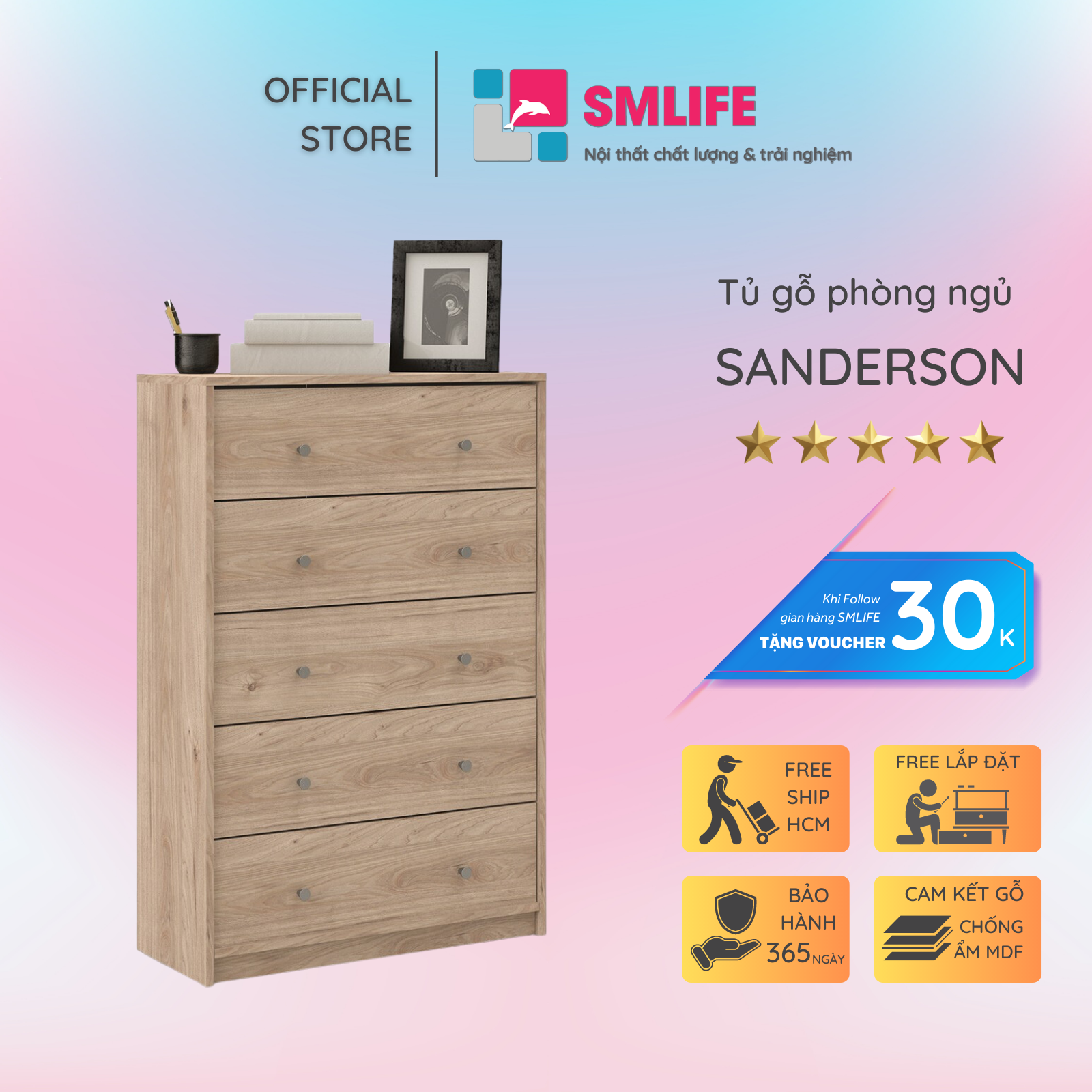 Tủ phòng ngủ gỗ hiện đại SMLIFE Sanderson | Gỗ MDF dày 17mm chống ẩm | D75xR35xC120cm