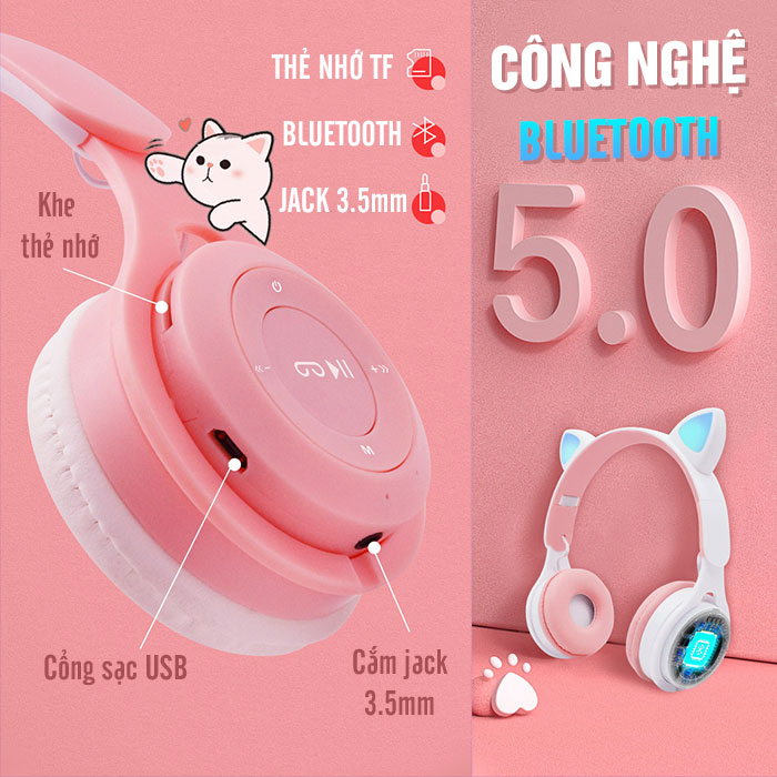 Tai nghe bluetooth tai mèo có mic Headphone tai mèo dễ thương, âm bass mạnh mẽ, dung lượng pin khủng -BH 12T