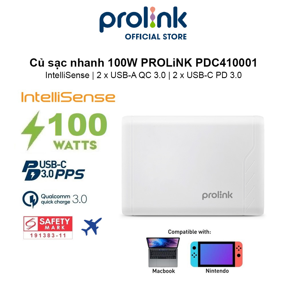 Củ sạc nhanh 100W PROLiNK PDC410001, 4 cổng (2xUSB-A QC 3.0 &amp; 2xUSB-C PD 3.0) IntelliSense, sạc điện thoại, laptop - Hàng chính hãng