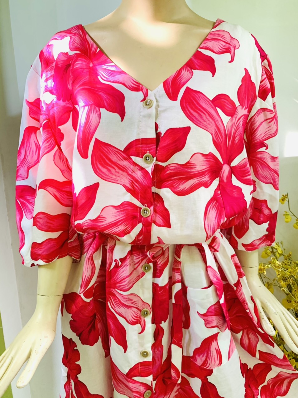 Đầm linen bigsize hoa hồng